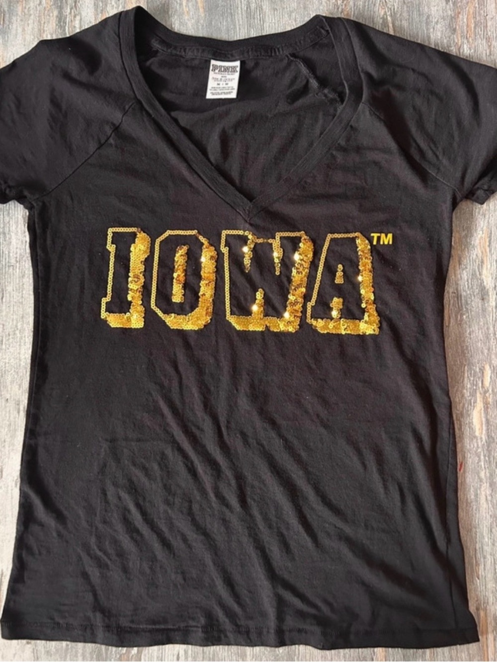 PINK Victoria's Secret Black V‑Neck Tee with Gold Sequin IOWA Logo